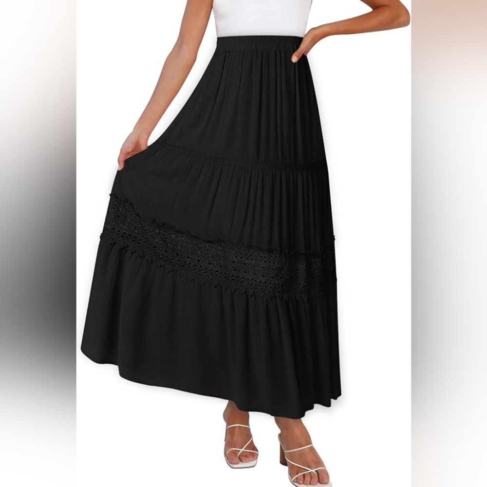 Black Tiered Maxi Skirt w/ Crochet Lace Detail